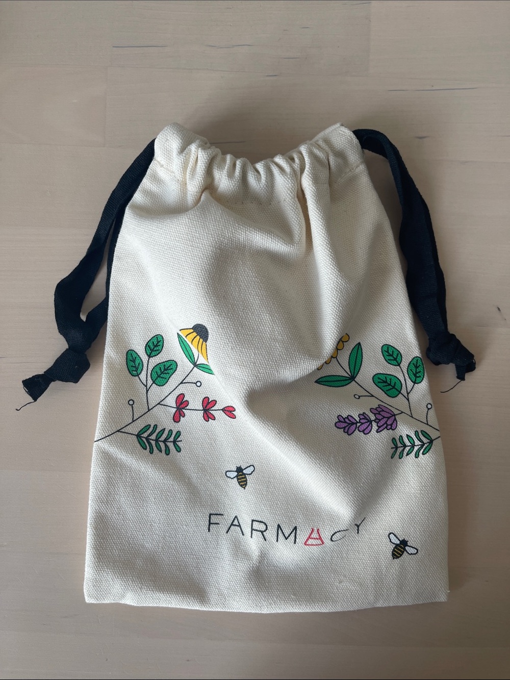 Farmacy Cream Drawstring Pouch with Black Ties and Floral Print